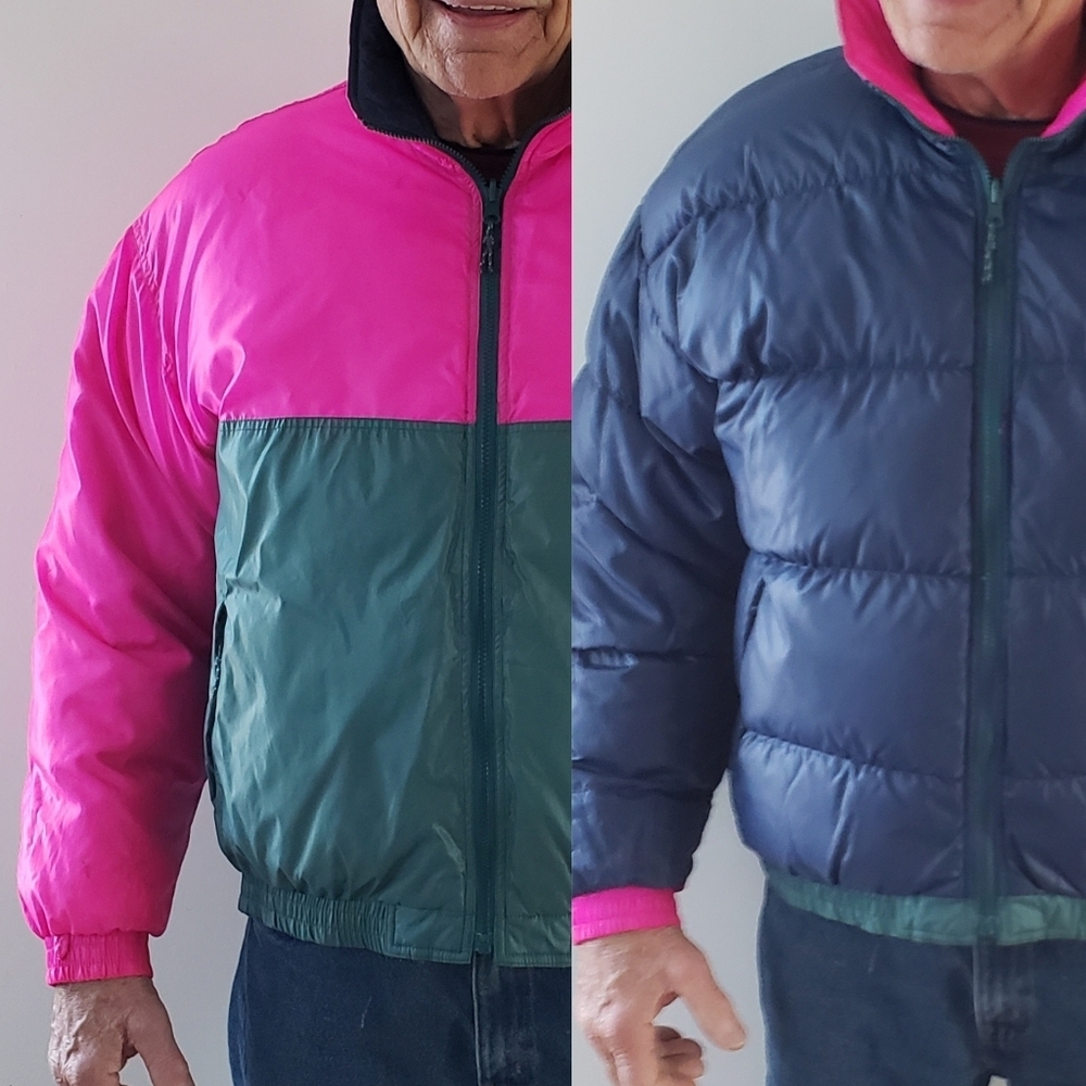 VTG Men's REVERSIBLE CB Sports Down Ski Jacket. NAVY, GREEN & HOT PINK.